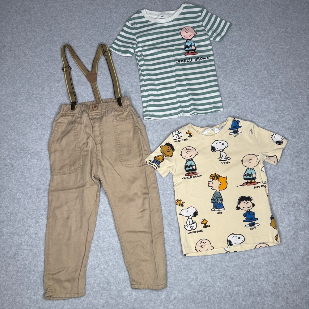 Zara Suspender Pants Boys 3-4 H&M Snoopy Tshirts Striped & Bundle Cotton Khaki